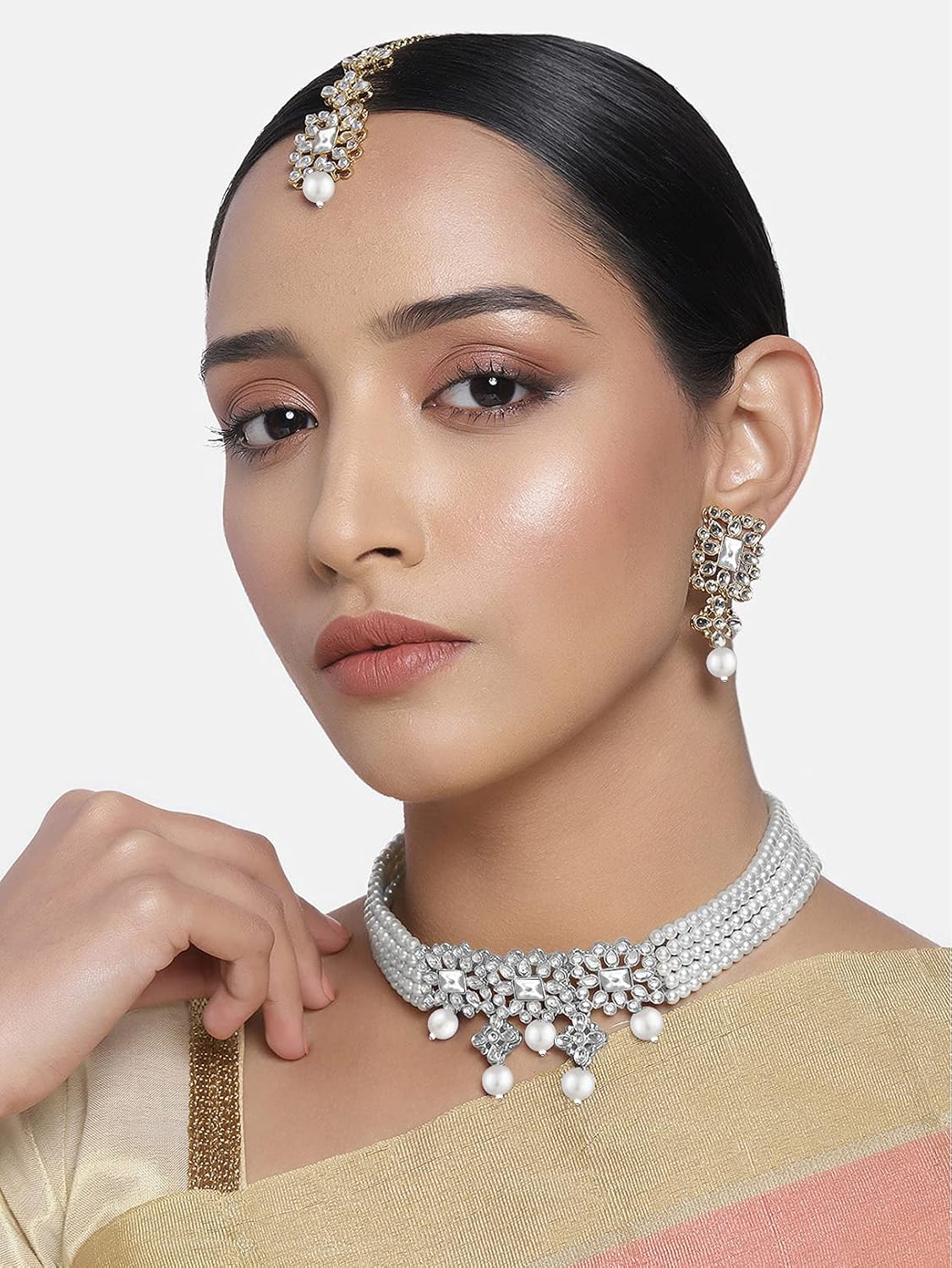 Aheli Ethnic Indian Necklace Earring Maang Tikka Set Traditional Bollywood Bharatanatyam jewellery set Gift for Women Blue