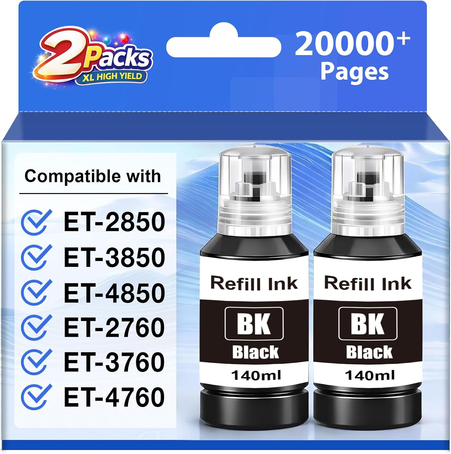 Compatible Ink Refill Bottles Replacement for 502 Ink Refill Bottles High Capacity Compatible with EcoTank ET-2850 ET-3850 ET-4850 ET-2760 ET-3760 ET-4760 Printers, Replacement for 502 Black Ink,2P