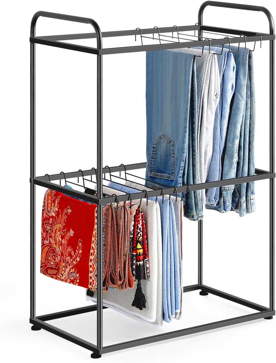 Pants Rack for Closet Freestanding Pant Rack Stand with 26 Pant Hangers, Small Trouser Rack Space Saving Pant Storage Organizer for Jeans, Scarves, Clothes, Black