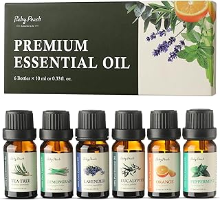 BABYPEACH Essential Oils Set - Top 6 Aromatherapy Oils Perfect for Diffuser, Humidifier, Candle Making,Home Care,Gifts - Lavender, Eucalyptus, Orange, Peppermint, Lemongrass, Tea Tree (Pack of 6 10ml)