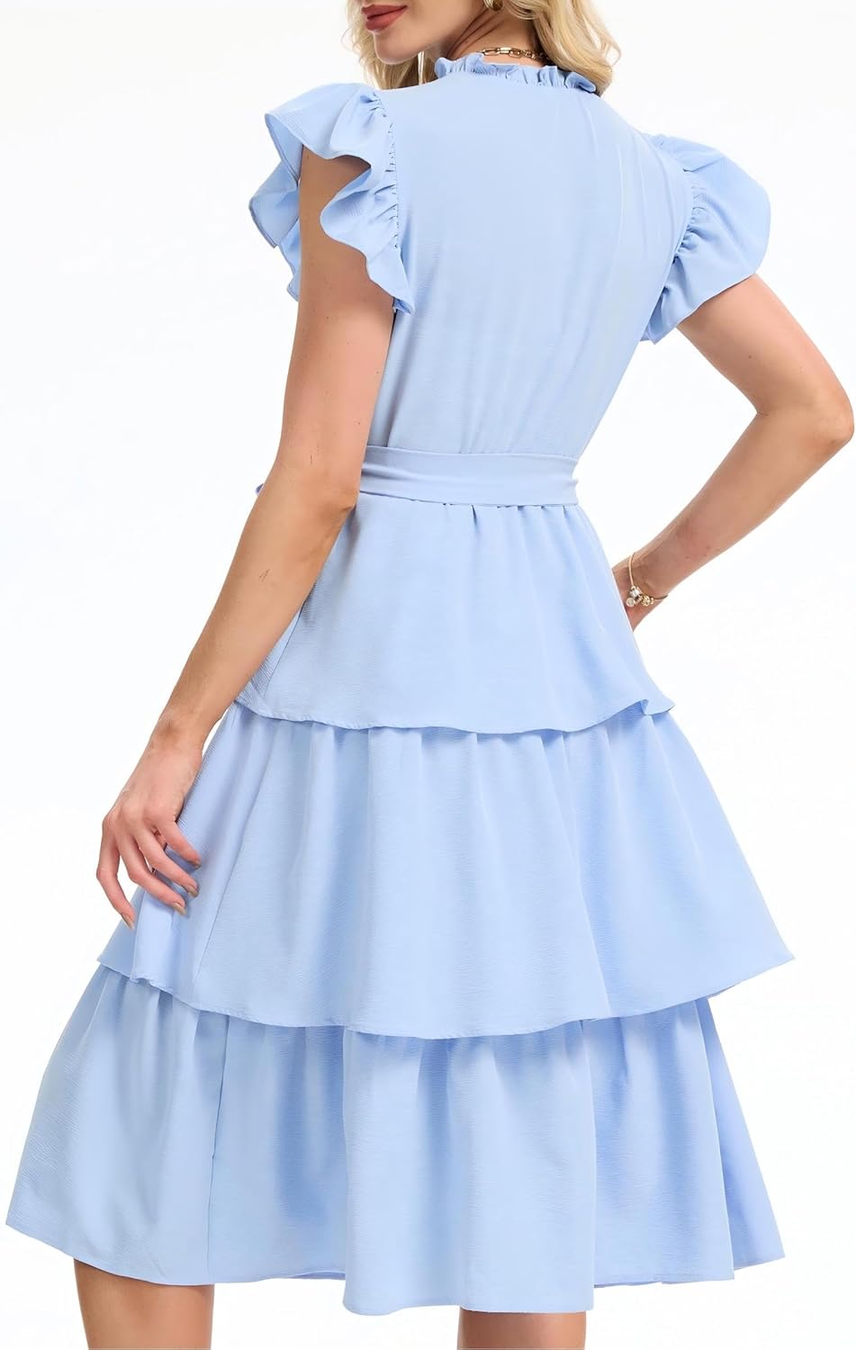 Women's Ruffle Sleeve Tiered Midi Dress V Neck Belted Flowy Layered Summer Sundress - Image 2