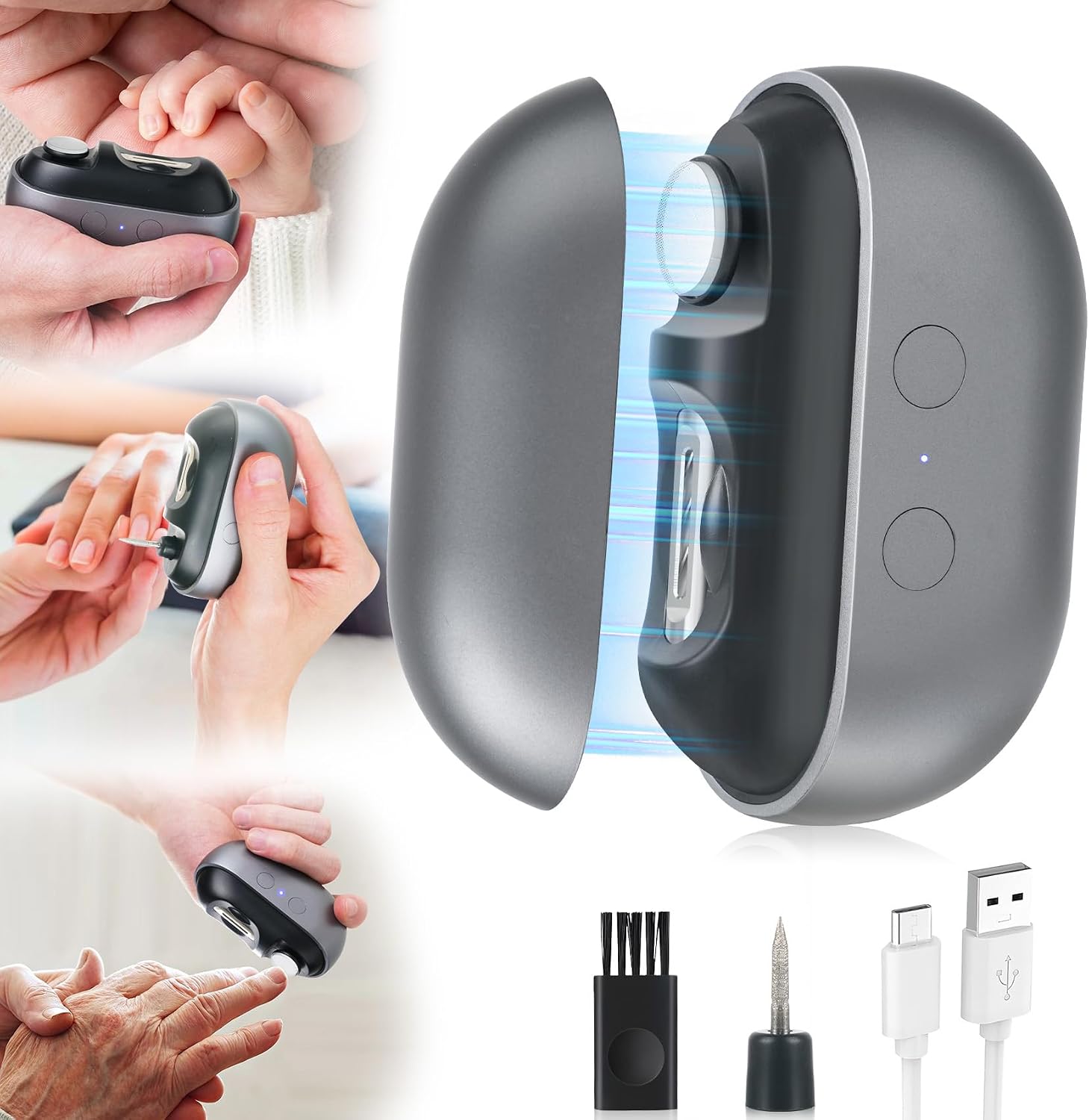 Electric Nail Clipper with LED Light, 2 Speeds Nail File & Baby Automatic Nail Clipper, 3 in 1 Design, USB Rechargeable Safety Fingernail Trimmer for Baby, Kids, Seniors, Caregivers (Frosted Black)
