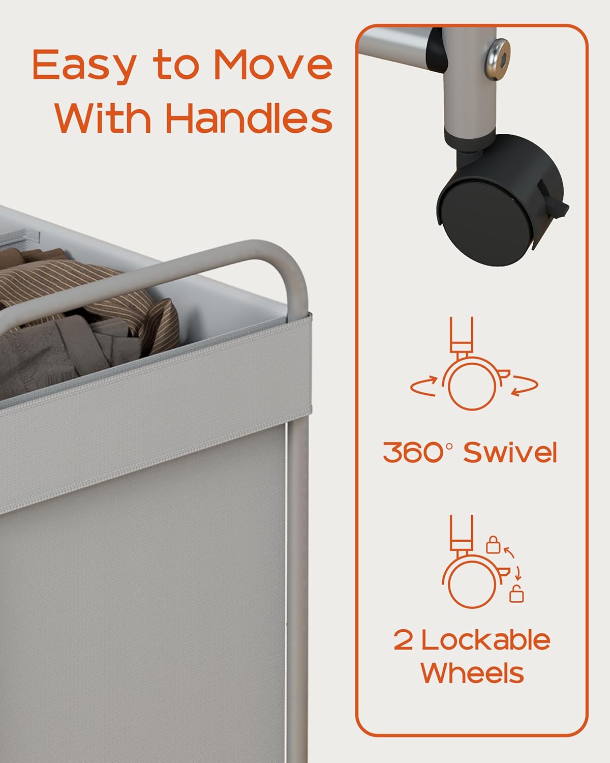 Laundry Basket with Wheels, 3-Section Rolling Laundry Hamper, Laundry Sorter with Removable Liner, Steel Frame with Handle, 29.1 x 13 x 25.2 Inches, Grey, LHC150G01