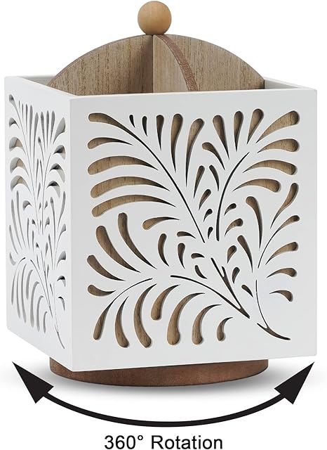Kitchen Utensil Holder for Countertop, Wooden Utensil Holder Caddy, Rotating Utensil Organizer White Cutlery Holder Utensil Crock, Silverware Flatware Organizer for Spoons, Knives, Forks, 5.5" x 6.3"