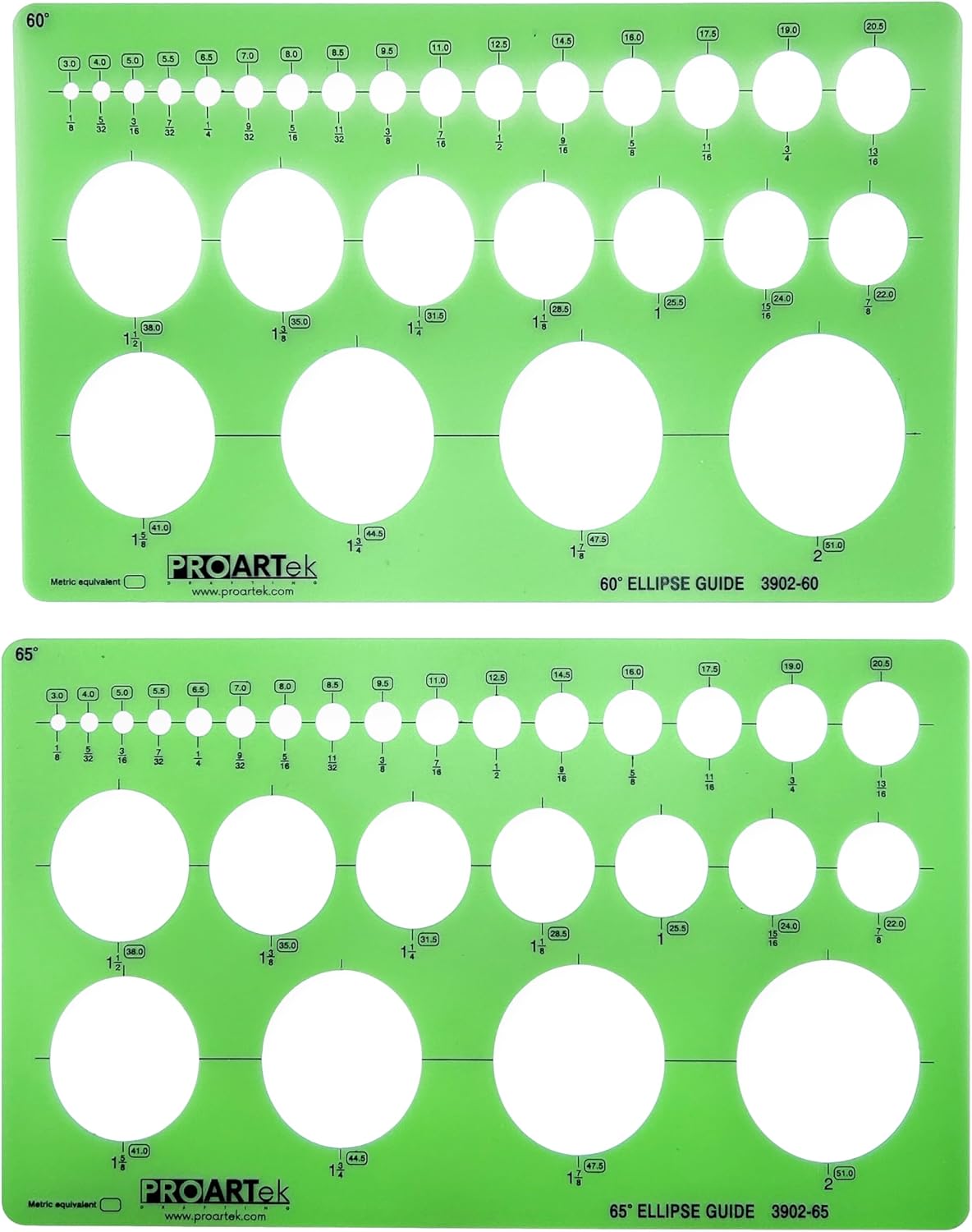 Proartek PK00046 Model 3902-2 Small Series Ellipse Template Set; 15 Durable Plastic Templates for Precise Drafting; 5/32" to 2" Ellipses; 10° to 80° Angles; 0.5mm Pencil Allowance