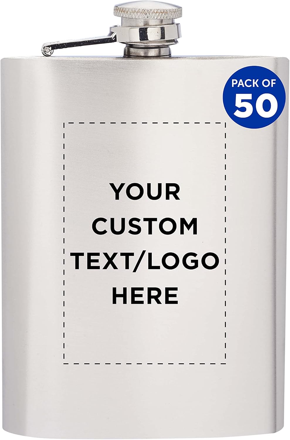 Custom Verano Stainless Steel Hip Flasks 8 oz. Set of 100, Personalized Bulk Pack - Great for Wedding Party Gift, Groomsmen Gifts, Outdoor Activities - Silver
