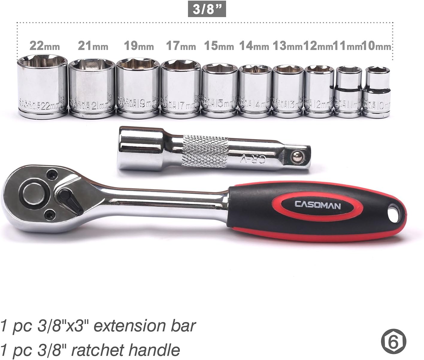 CASOMAN 3/8-Inch Drive Socket Set with Ratchet Wrench Set, 12-Piece 3/8" Cr-V Metric Sockets Set