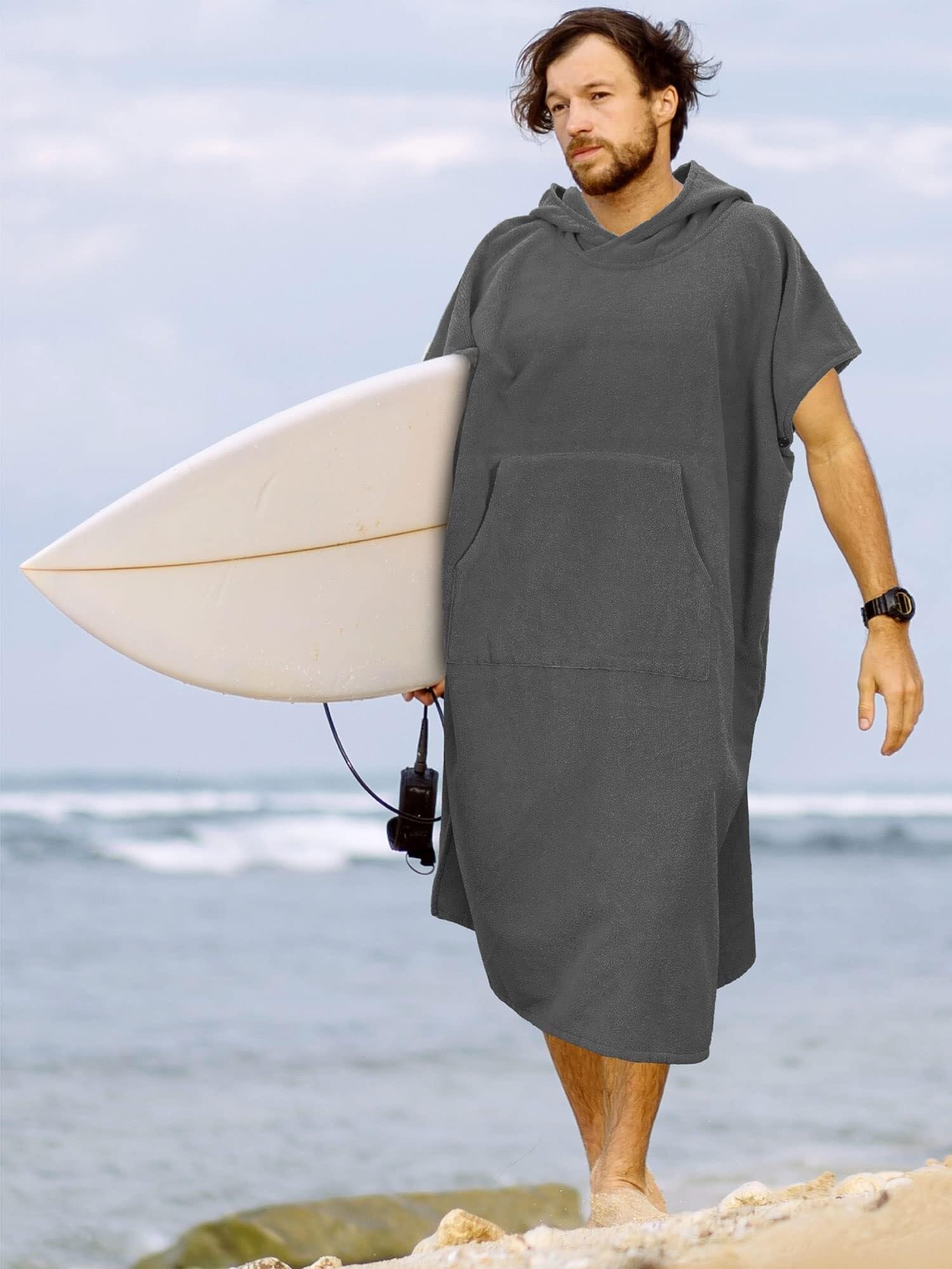 Générique Poncho de Surf, Poncho de Plage Adulte Poncho Surf avec Capuche, Serviette Change Séchage Rapide Plage, Natation,Les Sports Plein Air, for Hommes, Absorbante Portable Poche(Gray)