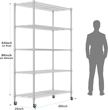 Homdox 5 Tier Storage Racks and Shelving, 24x60x82 Heavy Duty Metal Shelves for Storage, 3000LBS Commercial Adjustable Wire Shelving Unit on Wheels for Garage, Pantry, Kitchen, Warehouses, Chrome