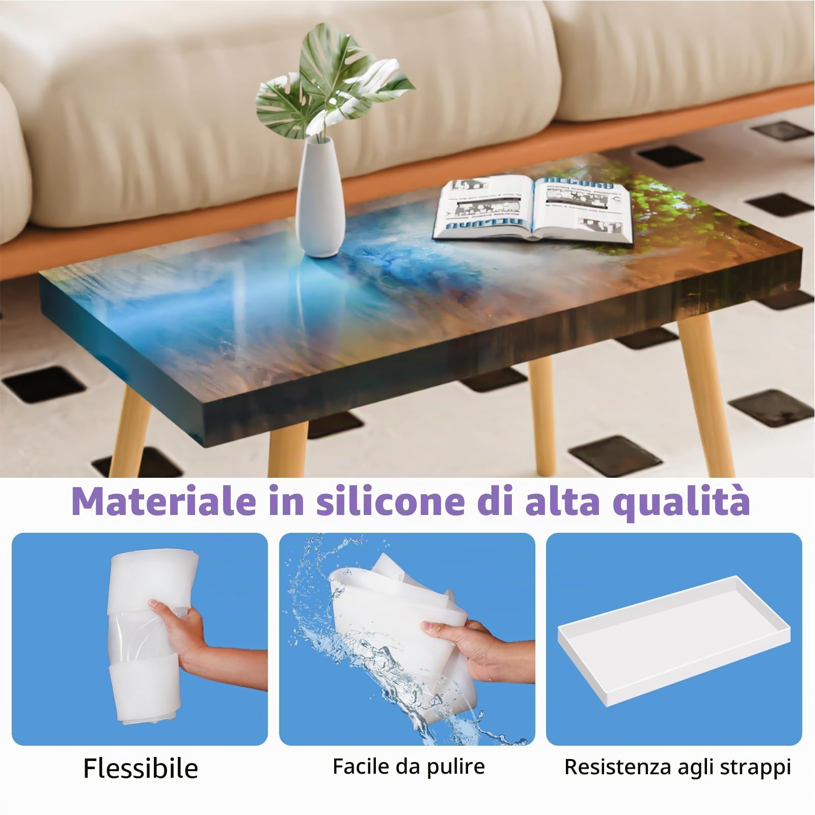 Stampo extra large in resina epossidica, 57,5 x 30 x 3,5 cm, riutilizzabile, per tavolo da fiume, tavolino, vassoi, taglieri, arte in resina fai da te