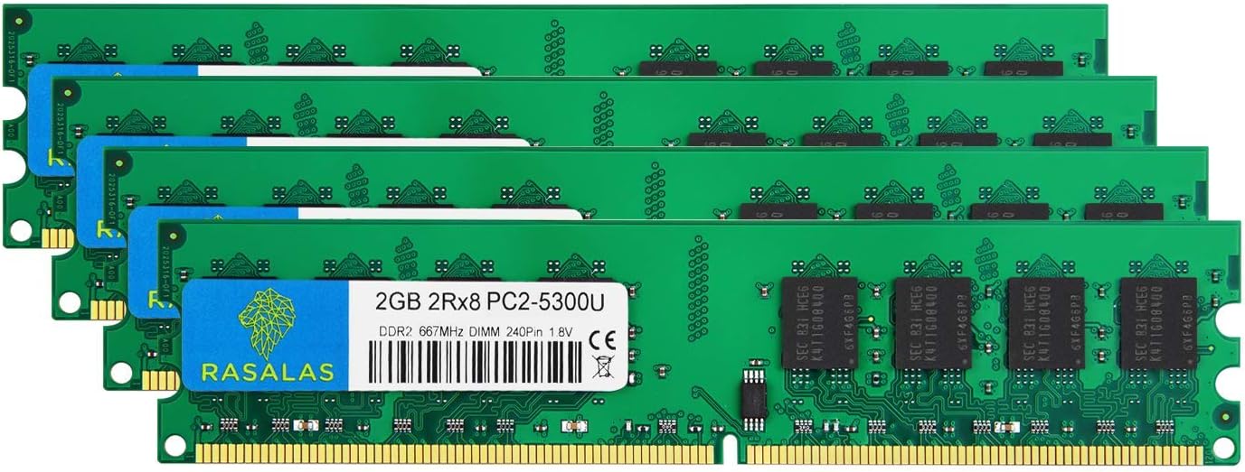 PC2-5300 8GB Kit (4x2GB) DDR2 667MHz DIMM DDR2-667 Udimm DDR2 2GB PC-5300U 1.8V CL5 240-Pin Desktop Computer RAM Memory Modules