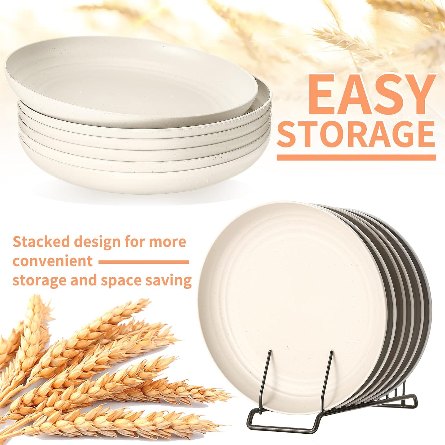 Zopeal 15 Pcs Unbreakable 10 Inch Wheat Straw Plates Set for Fruit Kitchen Salad Dessert Cakes Dish Reusable Plastic Lightweight Deep Dinner Plates, Microwave and Dishwasher Safe(Beige)