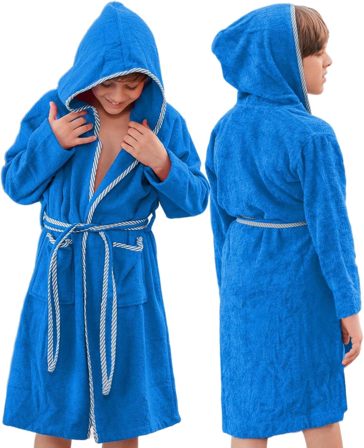 ALLEN & MATE 100% Cotton Kids Bathrobe with Piping – Hooded Towels for Kids, Medium Weight Absorbent Robe for Boys & Girls