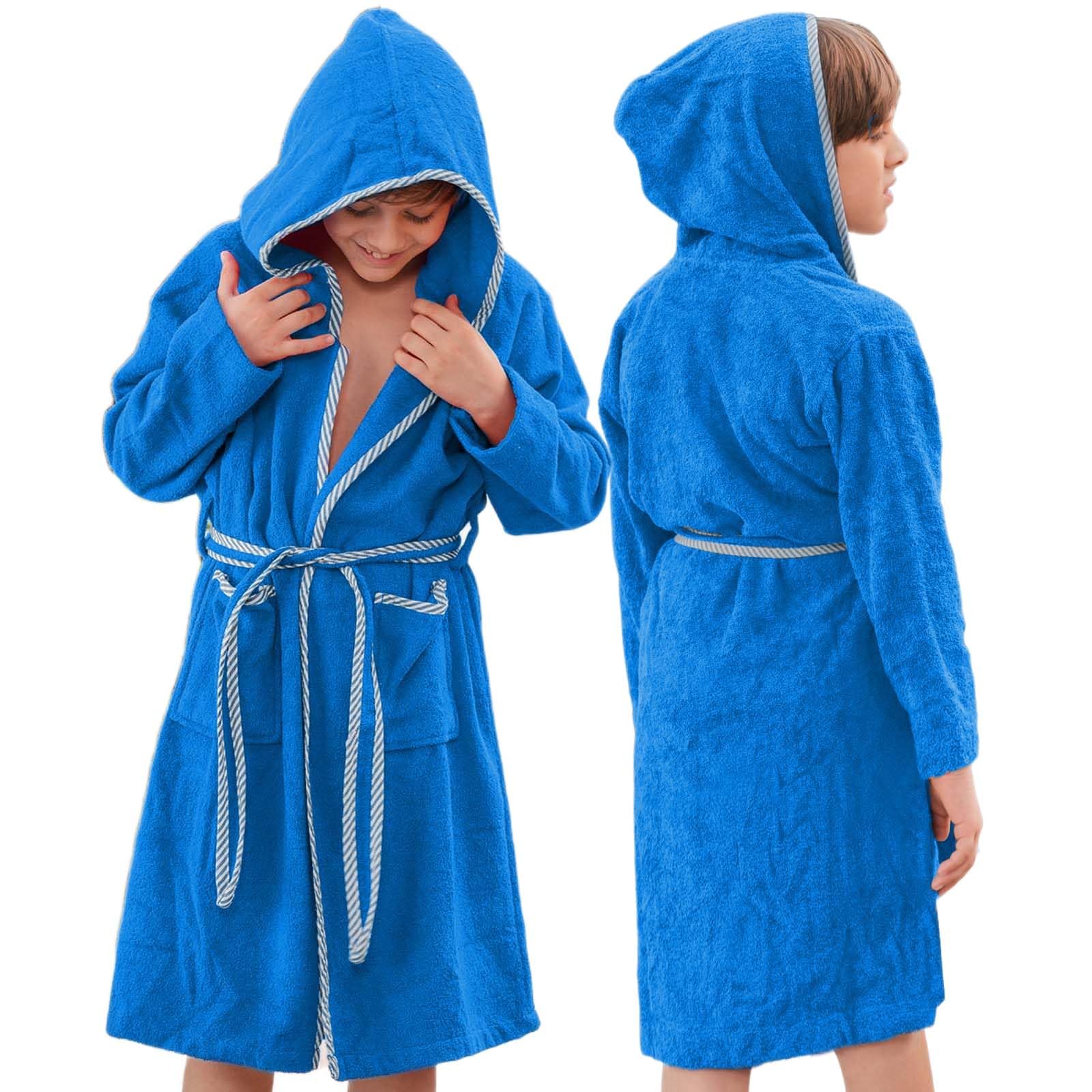 ALLEN & MATE 100% COTTON Kids Bathrobe with Piping – Safety Certified, Medium Lightweight, Quick Absorbent for Boys & Girls