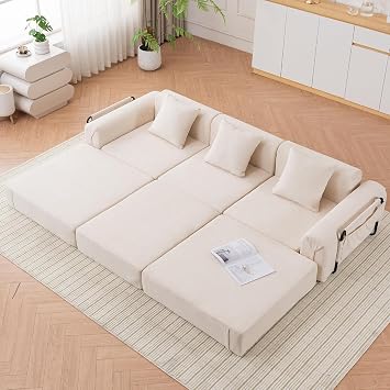 98.8 Convertible Folding Sofa Bed with Storage Pocket, Modular Sectional Couch with 3 Throw Pillows, Boneless Couches for Living Room, Bedroom, Guest Accommodation, 3 Seater Couch, Beige