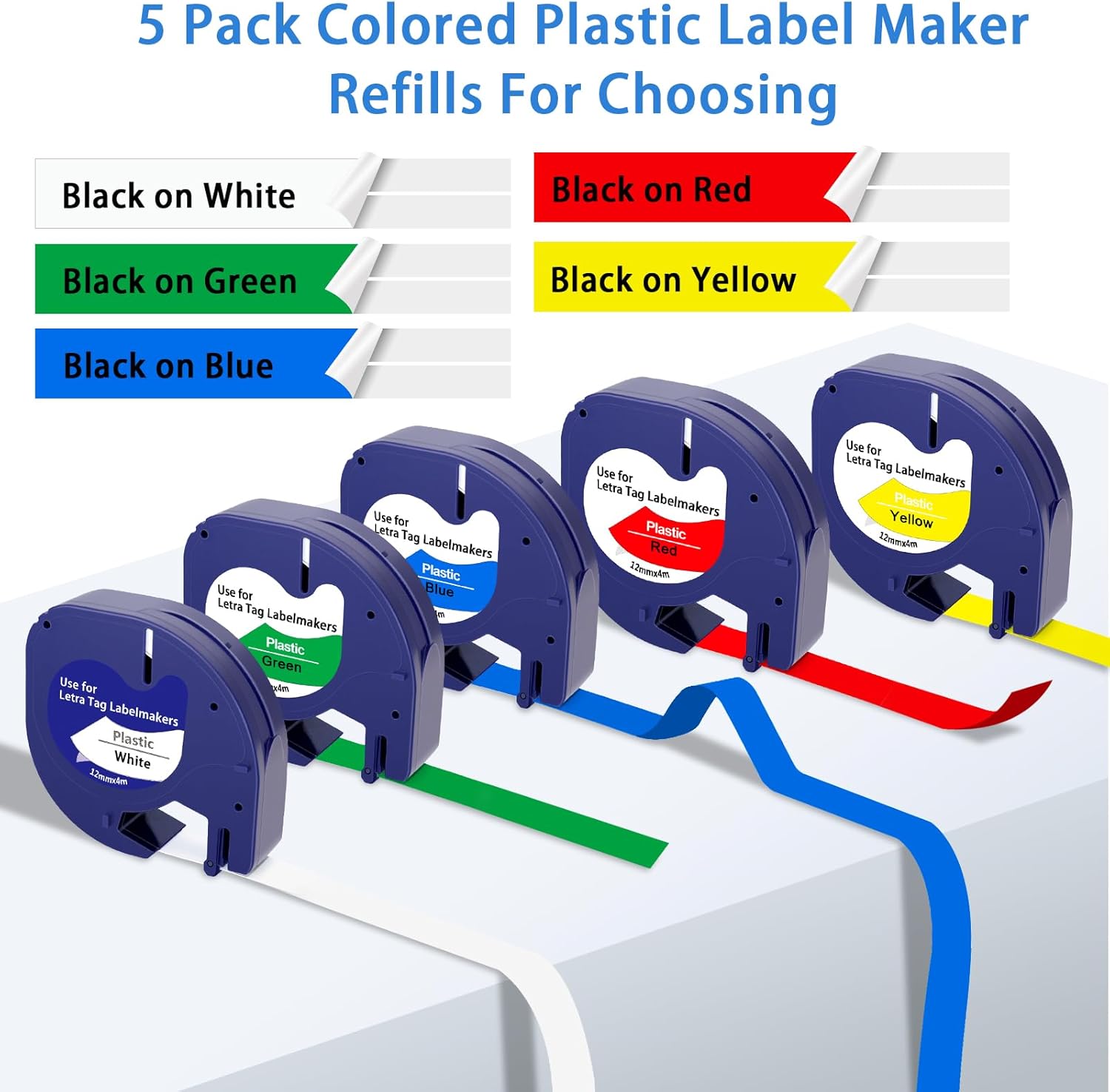 Replacement for Dymo Label Maker LetraTag Refills Plastic Color Label Tape, Compatible with Dymo Letra Tag LT-100H LT-100T QX50 200B 2000, 91331 91332 91333 91334 91335, 12mm x 4m, 5 Pack - Image 2