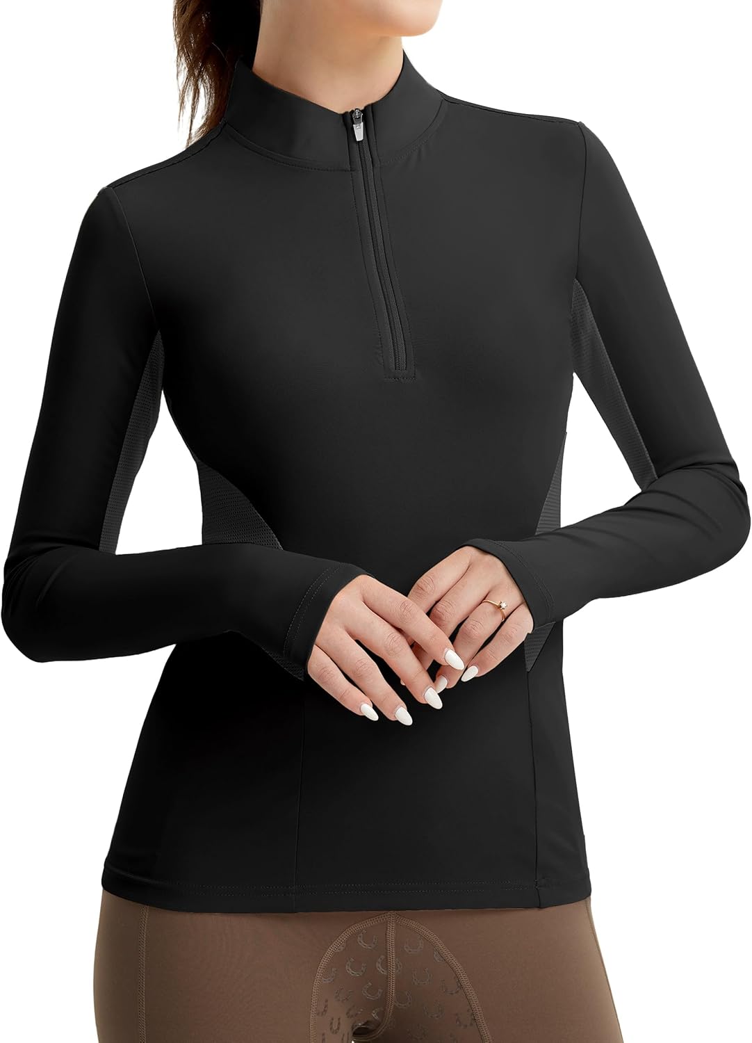 FitsT4 Sports Womens Equestrian Shirts Thumbholes Long Sleeve Horse Riding Shirts Quick Dry UPF50+ Riding Top Half Zip
