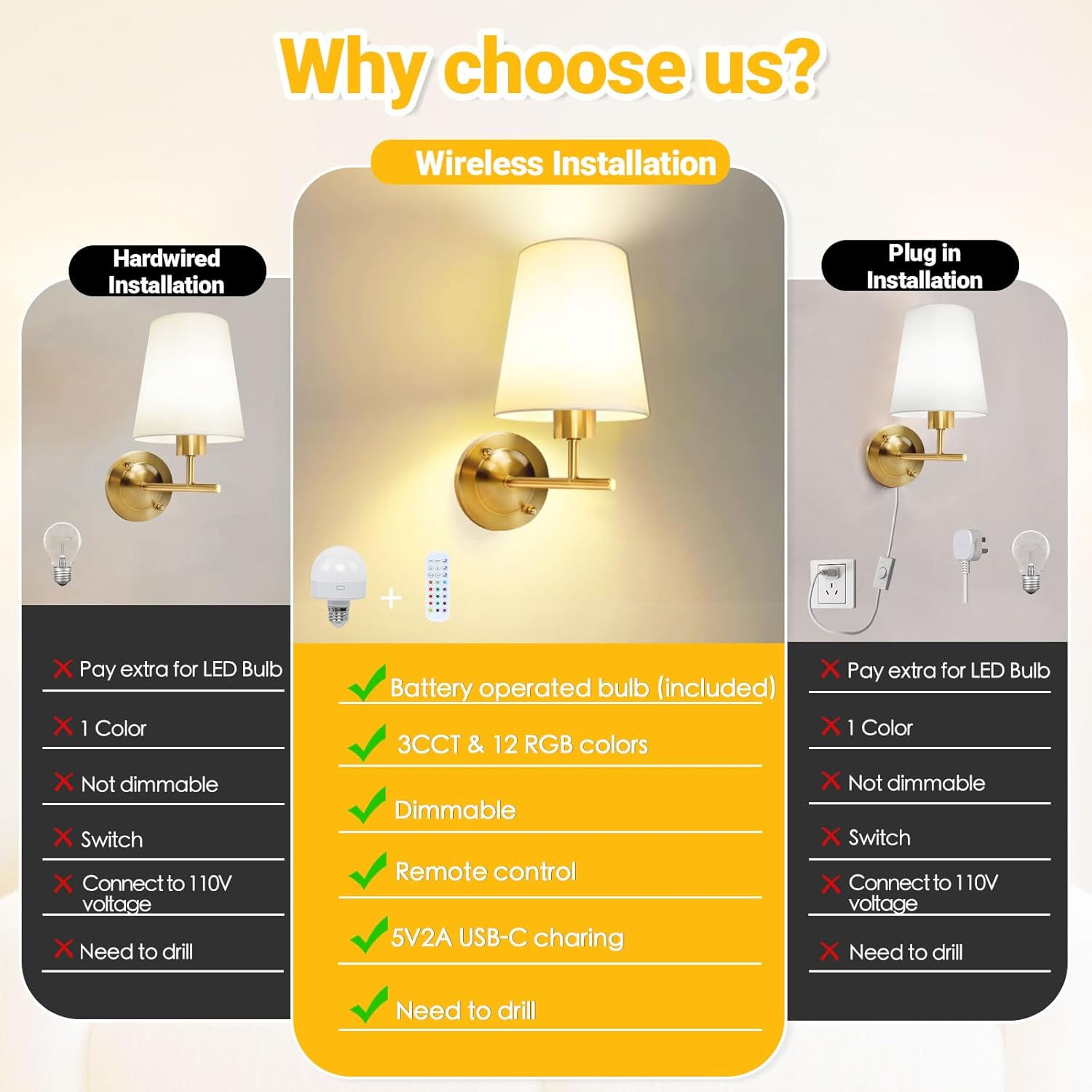 Battery Operated Wall Sconce Set of Two with Remote and Dimmable LED Bulbs, 12 Colors Cordless Rechargeable Wall Lights with Timer, Gold Wireless Wall Lamps for Bedroom Living Room Hallway Entryway
