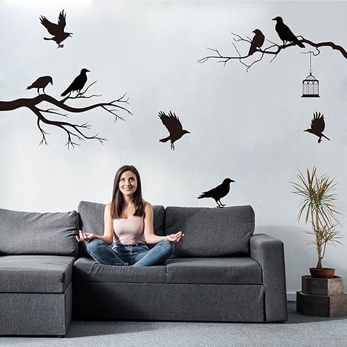 Miniatura 4 de SUPERDANT Adhesivo de pared de cuervo gótico, calcomanías de pared de ramas de árbol, pájaros negros, decoración de arte para familia, hogar, sala