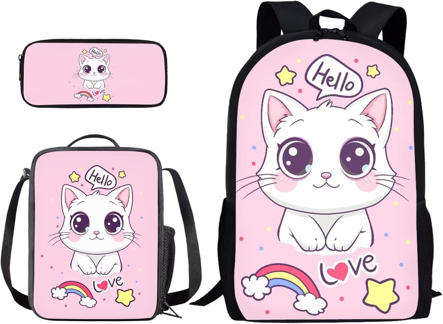 Xoenoiee Cute Cat Pink Pattern 3 Pcs Kids BookBag+Lunch Box+Pencil Bag for Primary/Middle School Bag Backpack Set for Boys Girls