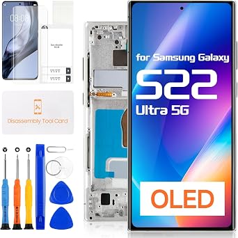 OLED Screen Replacement for Samsung Galaxy S22 Ultra 5G S908 LCD Display for Samsung S22 Ultra Digitizer SM-S908B SM-S908U Screen Touch Assembly with ToolsSliver with Frame