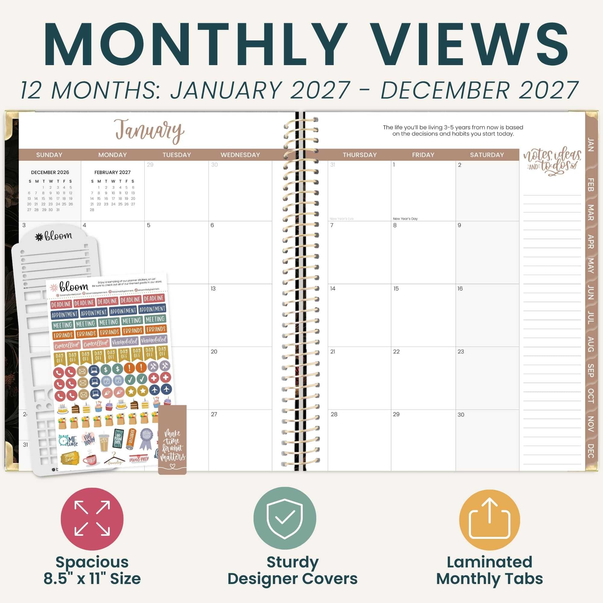 bloom daily planners Hardcover Planer 2027 (21,6 x 27,9 cm) Januar – Dezember 2027 Kalenderjahr – Aufgabenzielplaner für Frauen – monatliches und wöchentliches inspirierendes Agendabuch mit Schablone
