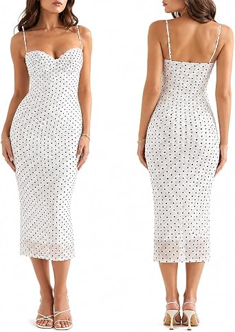 Fcteap Cute Coquette Polka Dot Midi Dress for Women Lace Trim Spaghetti Strap Bodycon Sheer Mesh Cami Summer Slip Balletcore