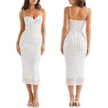 Fcteap Cute Coquette Polka Dot Midi Dress for Women Lace Trim Spaghetti Strap Bodycon Sheer Mesh Cami Summer Slip Balletcore