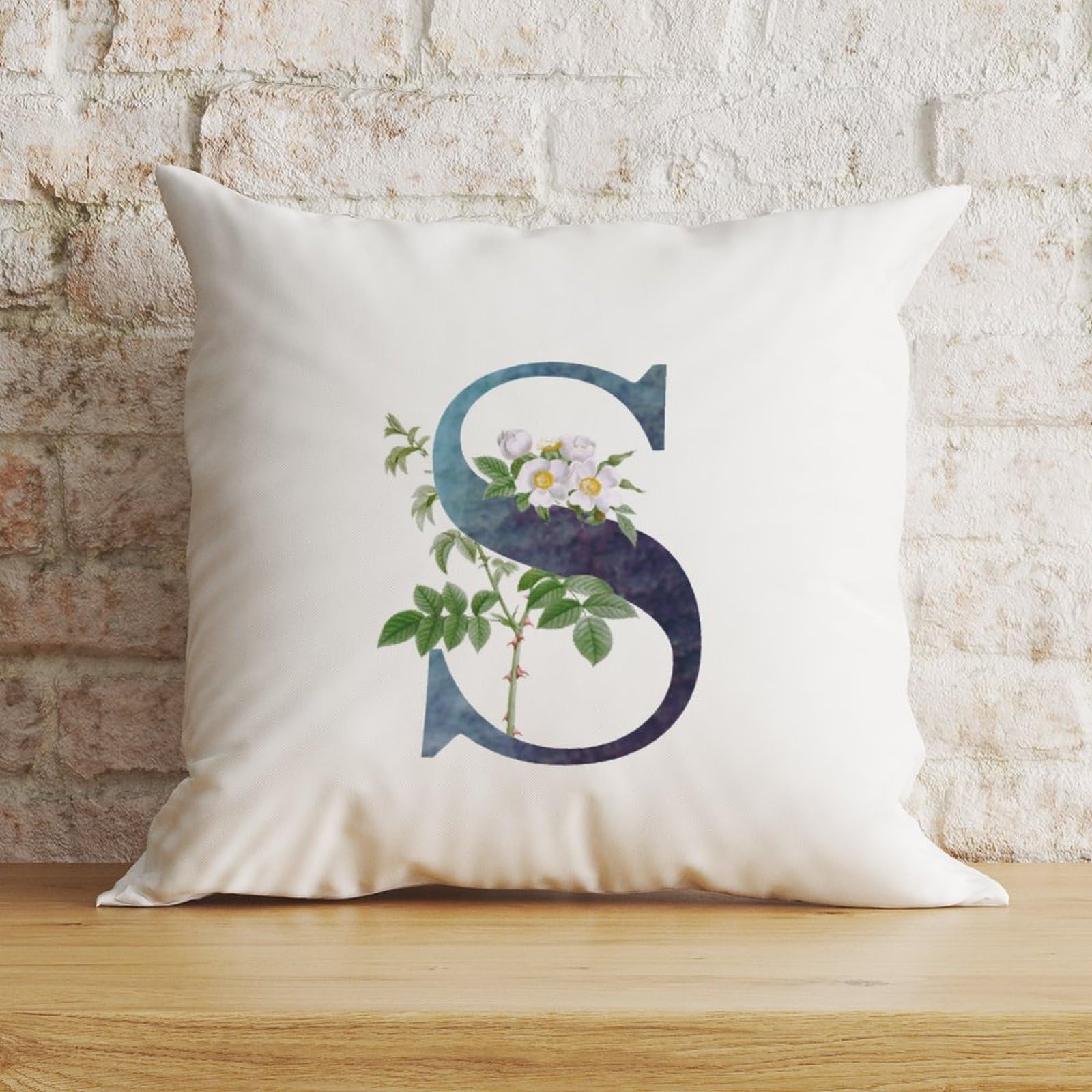 Zyadsinoudor Initial Letter S Blue Pillow Cover Monogram White Floral Cushion Cases Metal Monogram 24x24in Decorative Pillow Home Cotton Linen Bright Pillow Case For Home Decor Sofa Couch Decoration — image 1