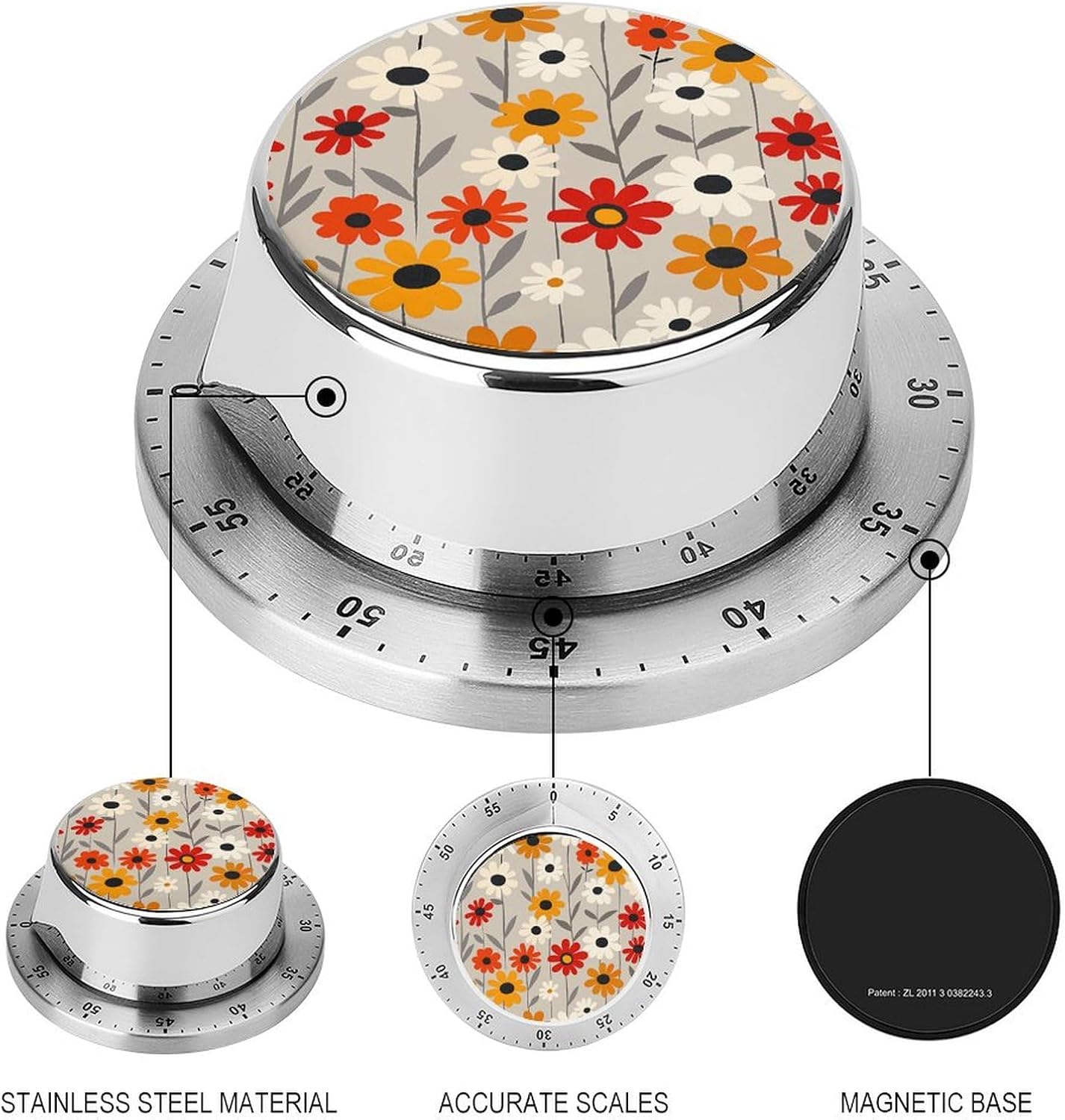 Retro Flower Design Kitchen Timers for Cooking,Meeting Timer Suitable for Home School Supplies, Study Tools, Desks, Office Desk Timers,Silent Operation image 3