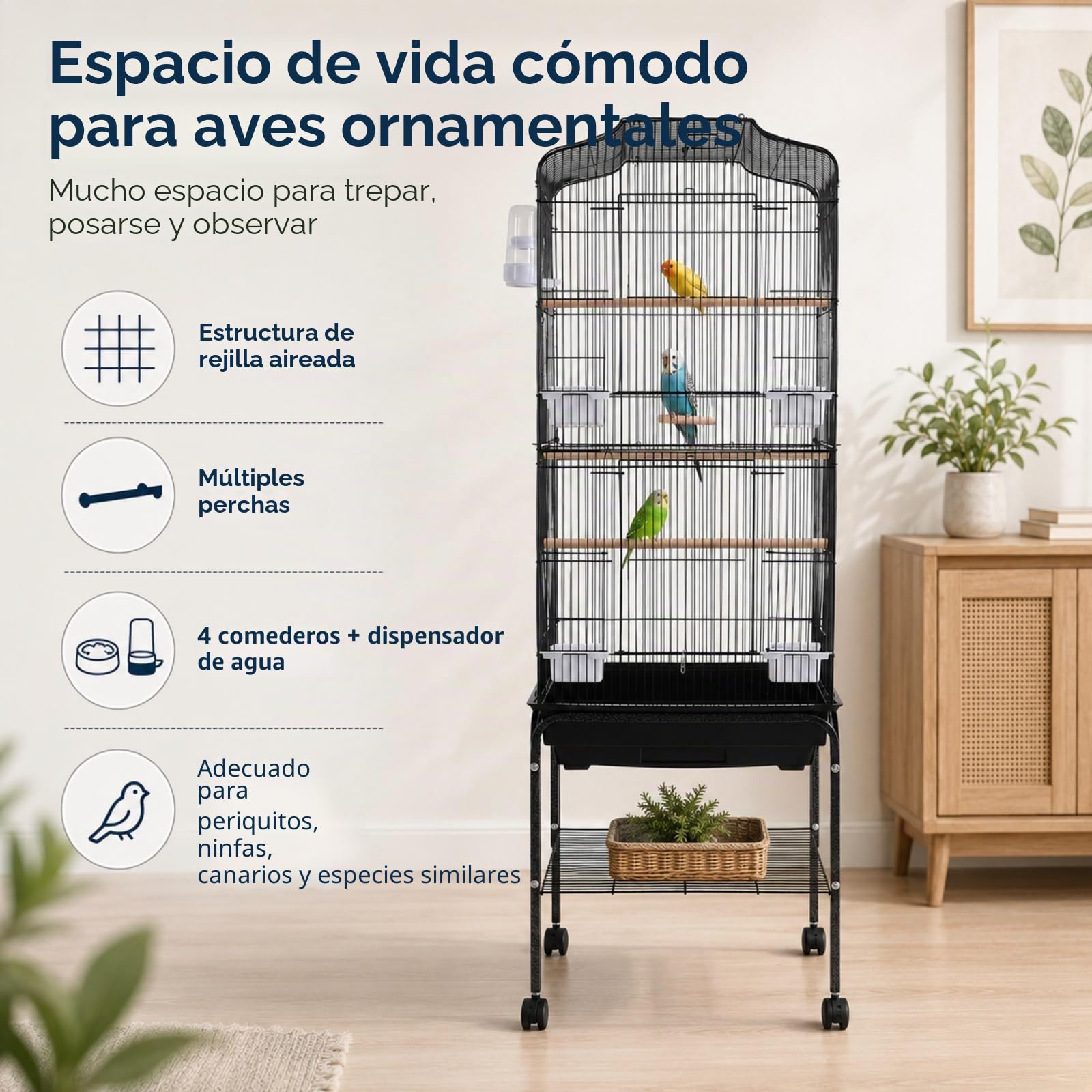 Jaula Grande para pájaros con Ruedas 47 x 37 x 137,5 cm para Loros | Hierro pulverizado, puerta con cierre, barrotes de 1,3 cm, bandeja extraíble, 4 comederos, bebedero, estante inferior