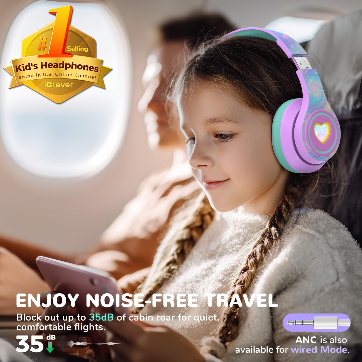 iClever Noise Cancelling Bluetooth Kopfhörer Kinder, LED-Beleuchtung, Bluetooth 6.0, Type-C-Schnellaufladung, 80dBA Sichere Lautstärke, 47 Stunden Spielzeit, Kopfhörer Kinder für Reisen iPad Tablet