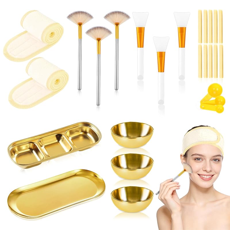 Kit de acessórios faciais DLUGOPIS com tigelas, pincéis, esponjas, bandejas, colheres medidoras e faixas de cabelo, 28 peças