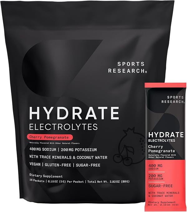 Sports Research Hydrate Electrolytes Powder Packets - Sugar-Free & Naturally Flavored with Vitamins, Minerals, and Coconut Water - Supports Hydration - 16 Packets - Cherry Pomegranate