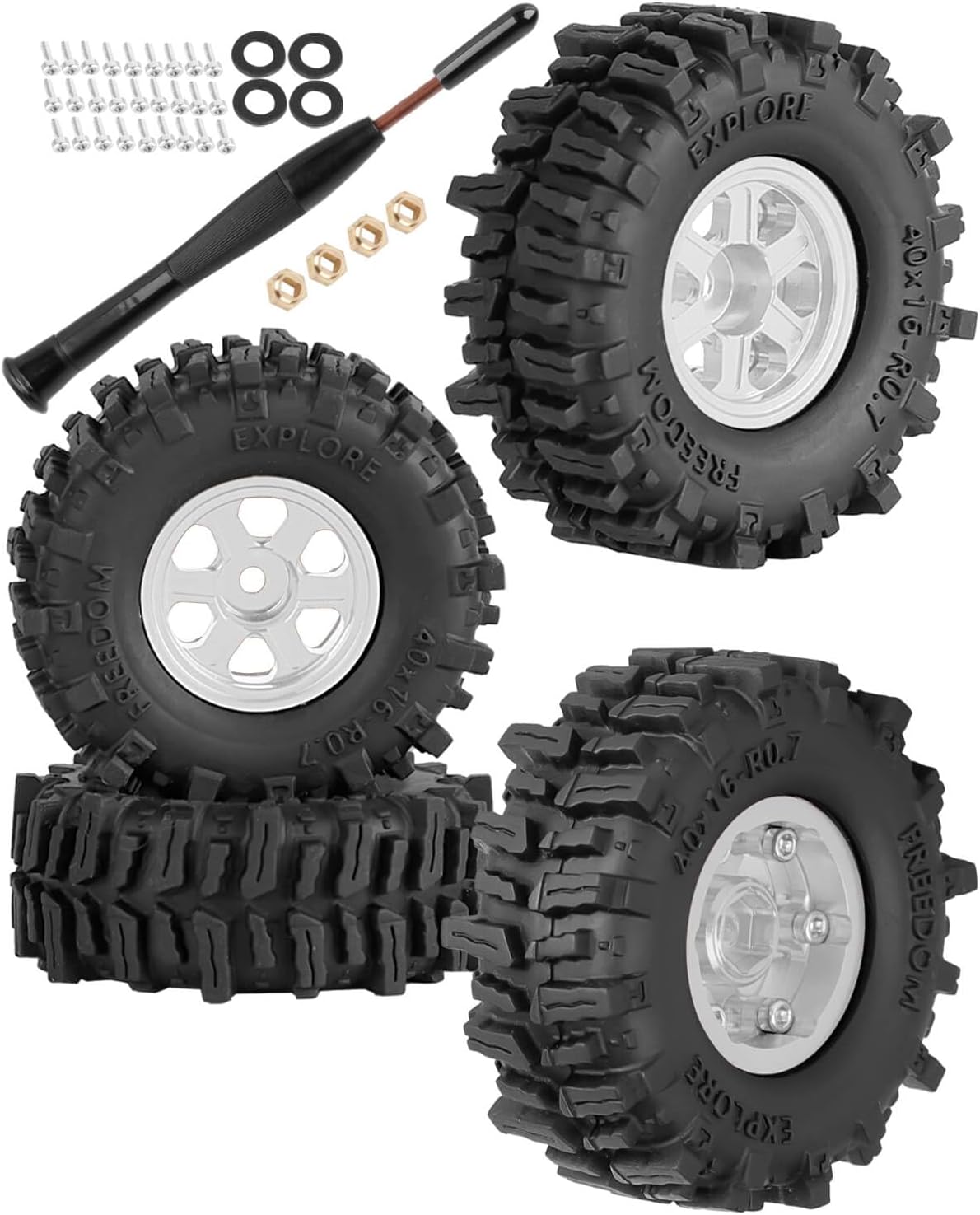 0.7 Beadlock Wheels Tires for 1/30 SCX30 1/32 Red cat Ascent-32 RC Crawler Car,RC Off Road Buggy Rally Truck Wheels and Tires,Aluminum Rings Deep Dish Wheel Rims & Rubber Tires,Silver(4Pcs)
