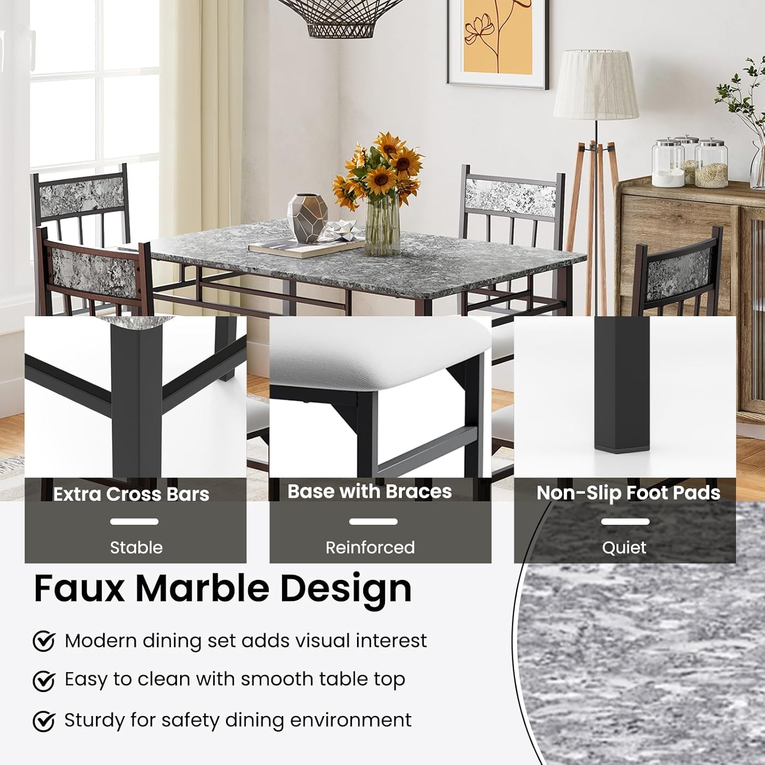 NAFORT 5 Piece Dining Table Set for 4, Faux Marble Kitchen Table and Chairs Set of 4, Vintage Rectangular Dining Room Table with Cushion Padded Seat, Metal and Wood Dining Set Kitchen Furniture, Grey