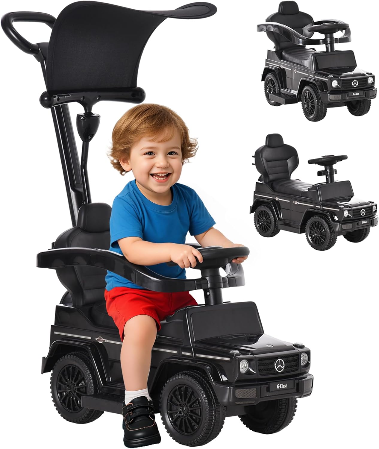 HOMCOM Slide Car with Push Bar, Mercedes-Benz G350 Slide Vehicle with Steering Wheel, 3-in-1 Push Car, Children's Vehicle with Horn, Footrest, Seat Storage Space, Children's Car for Children from 18