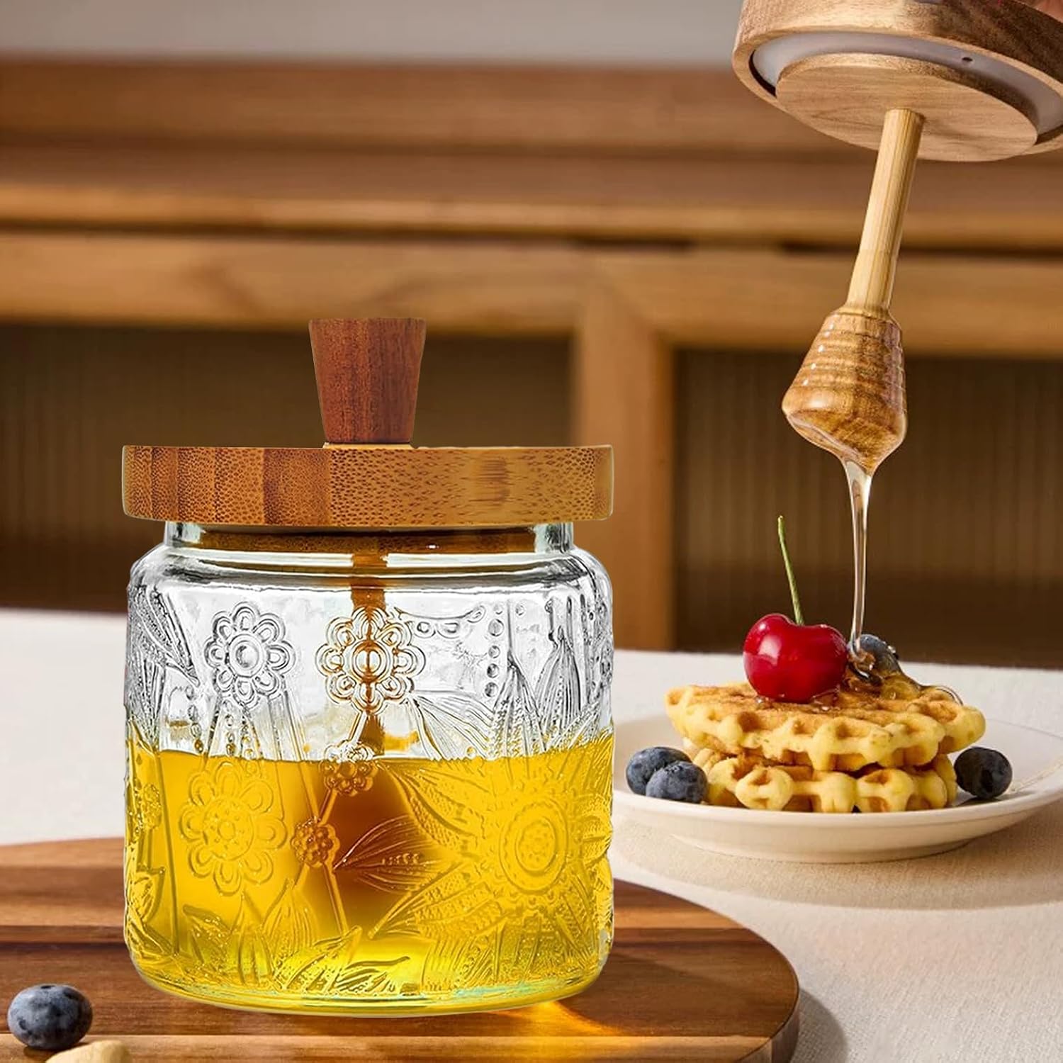 18oz Honey Jar with Dipper and Lid, Airtight Glass Honey Pot, Clear Honey Dispenser Holder with 2 Dippers Sticks Set, Wide Mouth Honey Container, Airtight Syrup Dispenser for Kitchen, Home