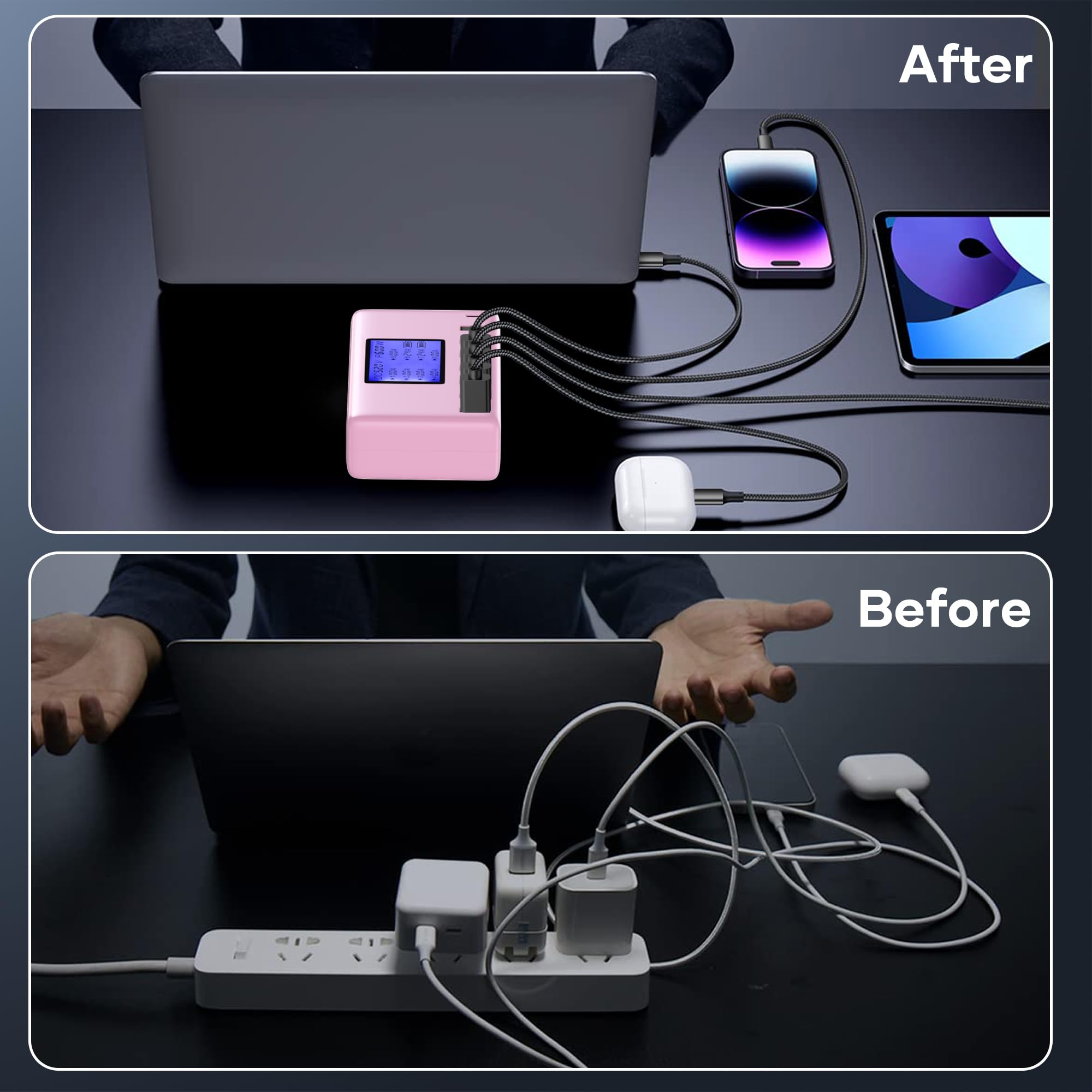 Stazione di ricarica USB 60W 8 porte Hub di ricarica USB 12A Stazione di ricarica USB con display LCD per più dispositivi, Caricabatterie intelligente da tavolo con hub USB C per iPhone iPad Android