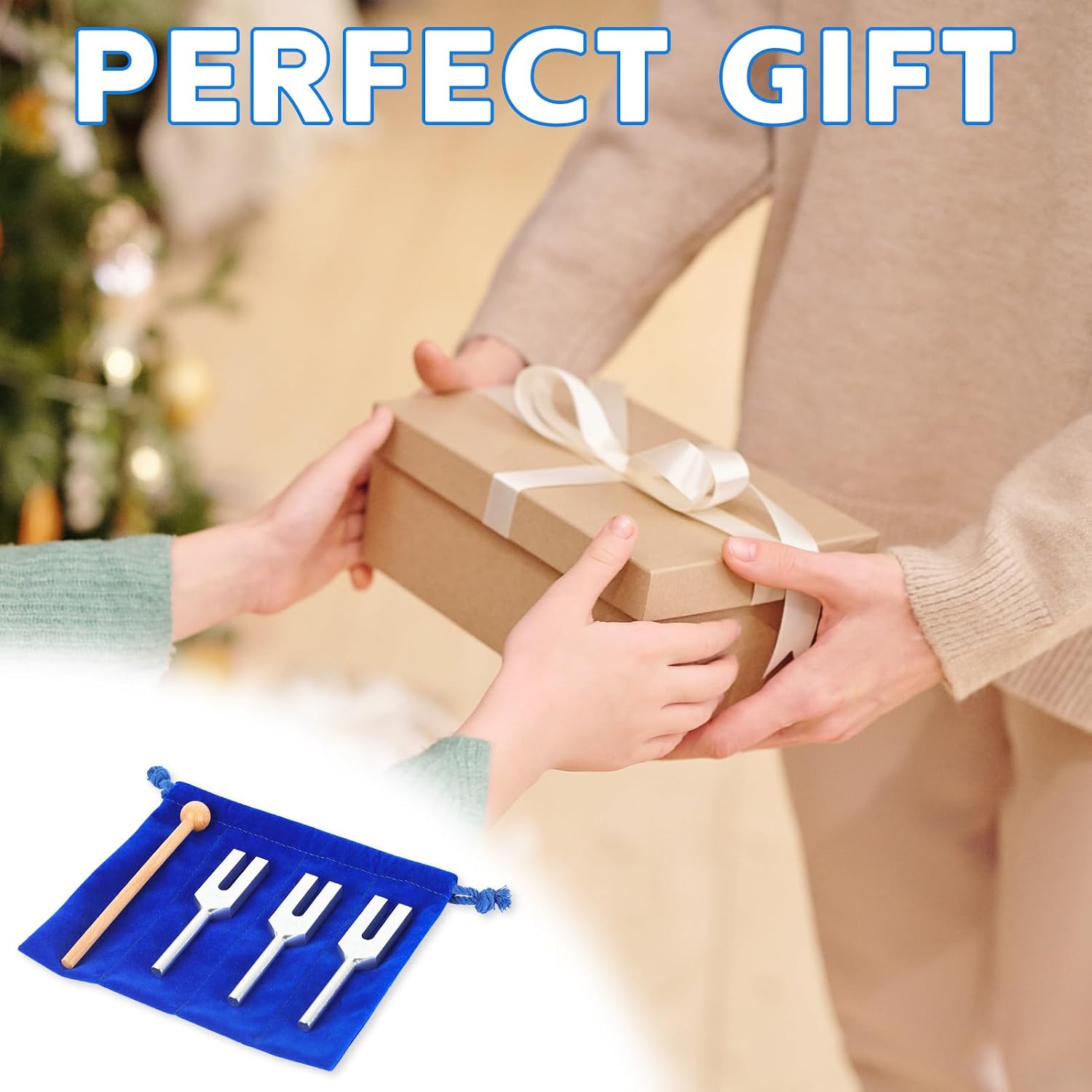Angel Tuning Forks Set - 4096 Hz, 4160 Hz, 4225 Hz with Wooden Hammer and Velvet Bag for Yoga and Meditation Accessories