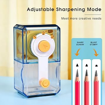 Manual Pencil Sharpener Desktop Pencil Sharpener with Container Adjustable in 3 Grades of Thickness Suitable for Artists, Teachers, Students and Kids (Blue 01)