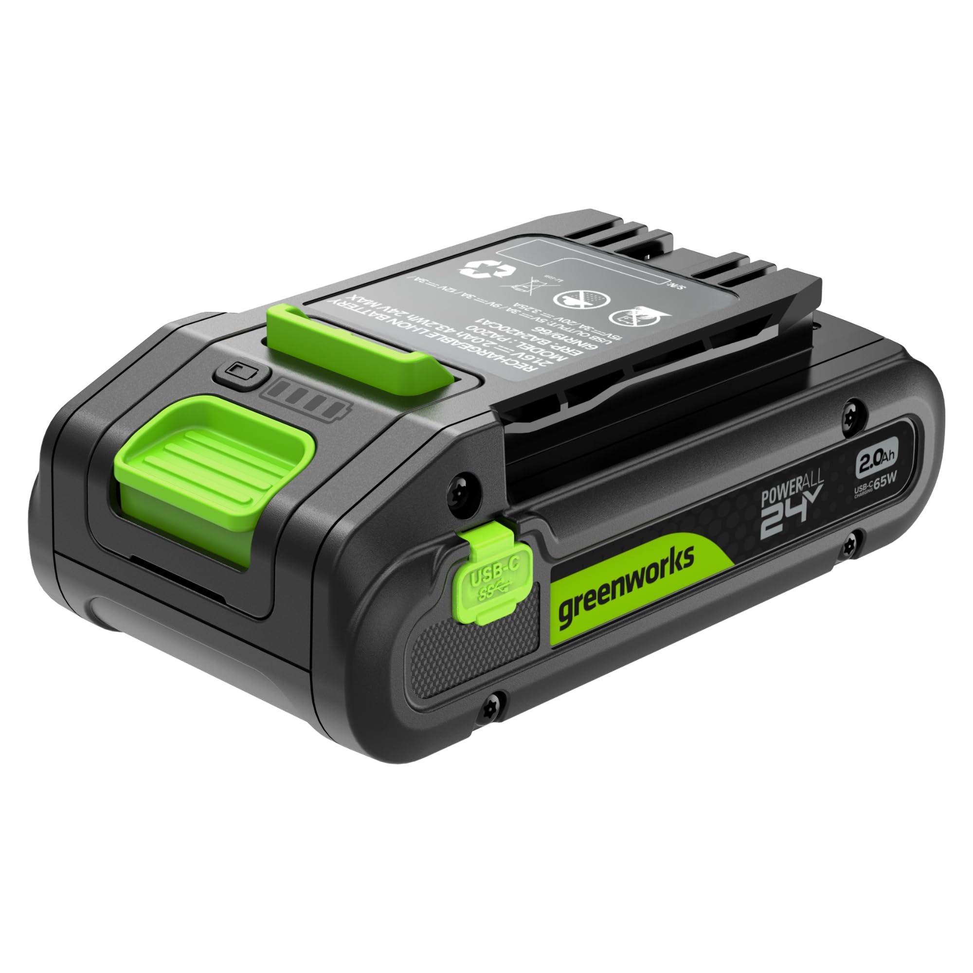 Greenworks 24V 2,0 Ah Batteria con Porta USB-C Ricaricabile agli Ioni di Litio ad Alte Prestazioni Compatibile con Tutti gli Oltre 200 Utensili Greenworks da 24V,Garanzia di 2 Anni - PA200
