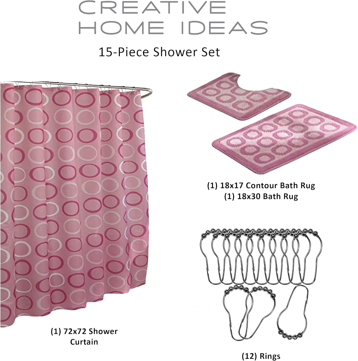 Creative Home Ideas 15-Piece Bathroom Shower Curtain Set – Set of 1 Shower Curtain & 12 Metal Hooks & 1 Bath Mat & 1 Contour Mat, Modern Bathroom Décor, Machine Washable, Terrell Dusty Rose