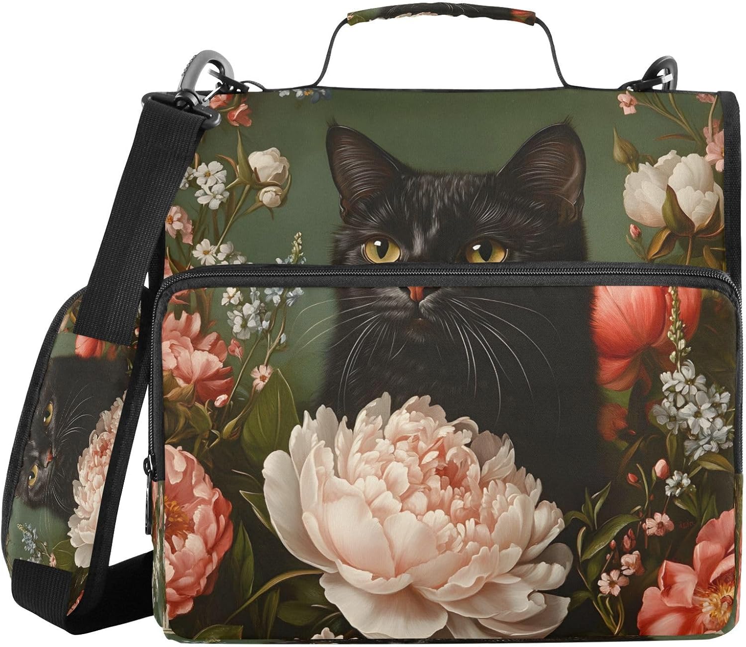3 Ring Zipper Binder Black Cat Vintage Floral Binders Bag with Shoulder Strap 500 Sheets Paper Organizer Trapper Keeper Documents Storage File Folder for School Office
