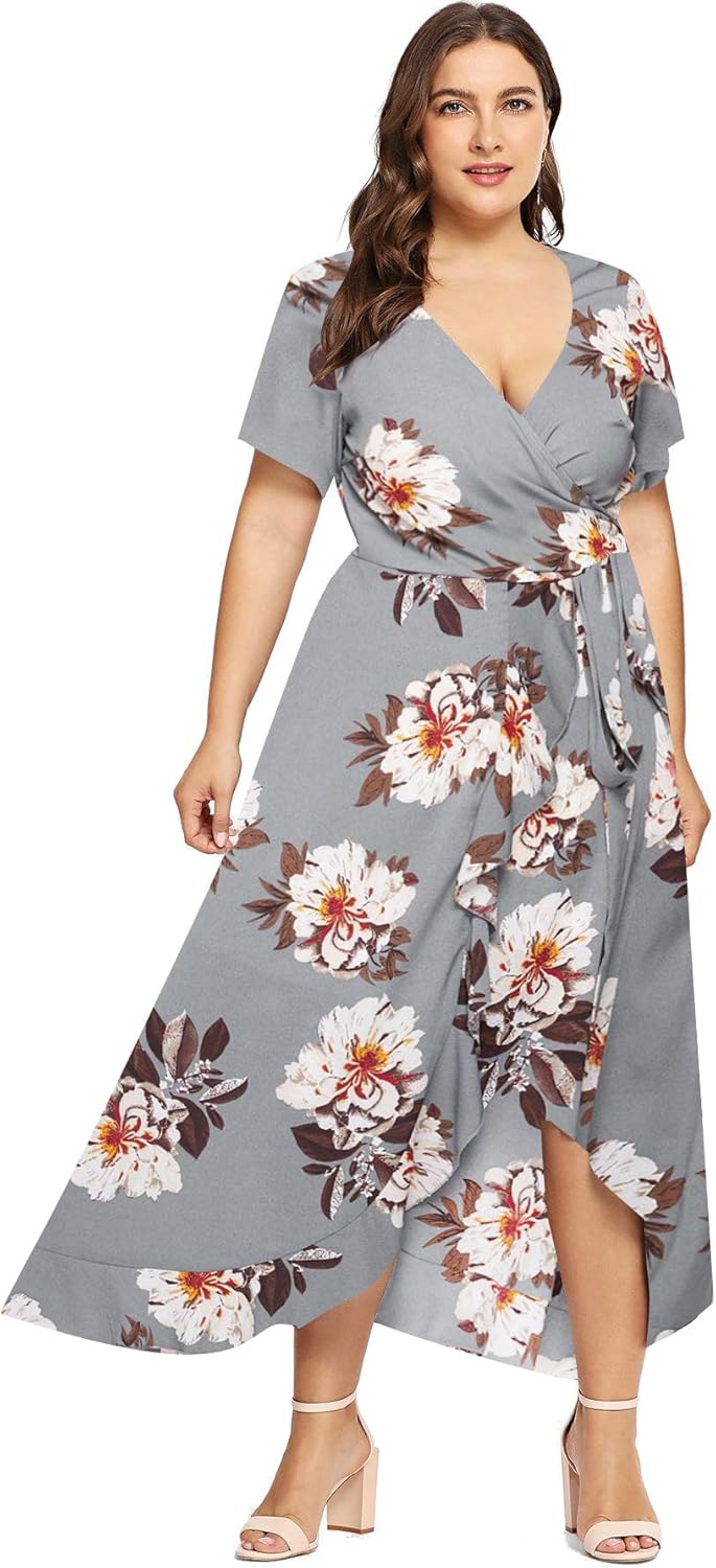 Milumia Plus Size Women Empire Waist Asymmetrical High Low Bohemian Maxi Dress