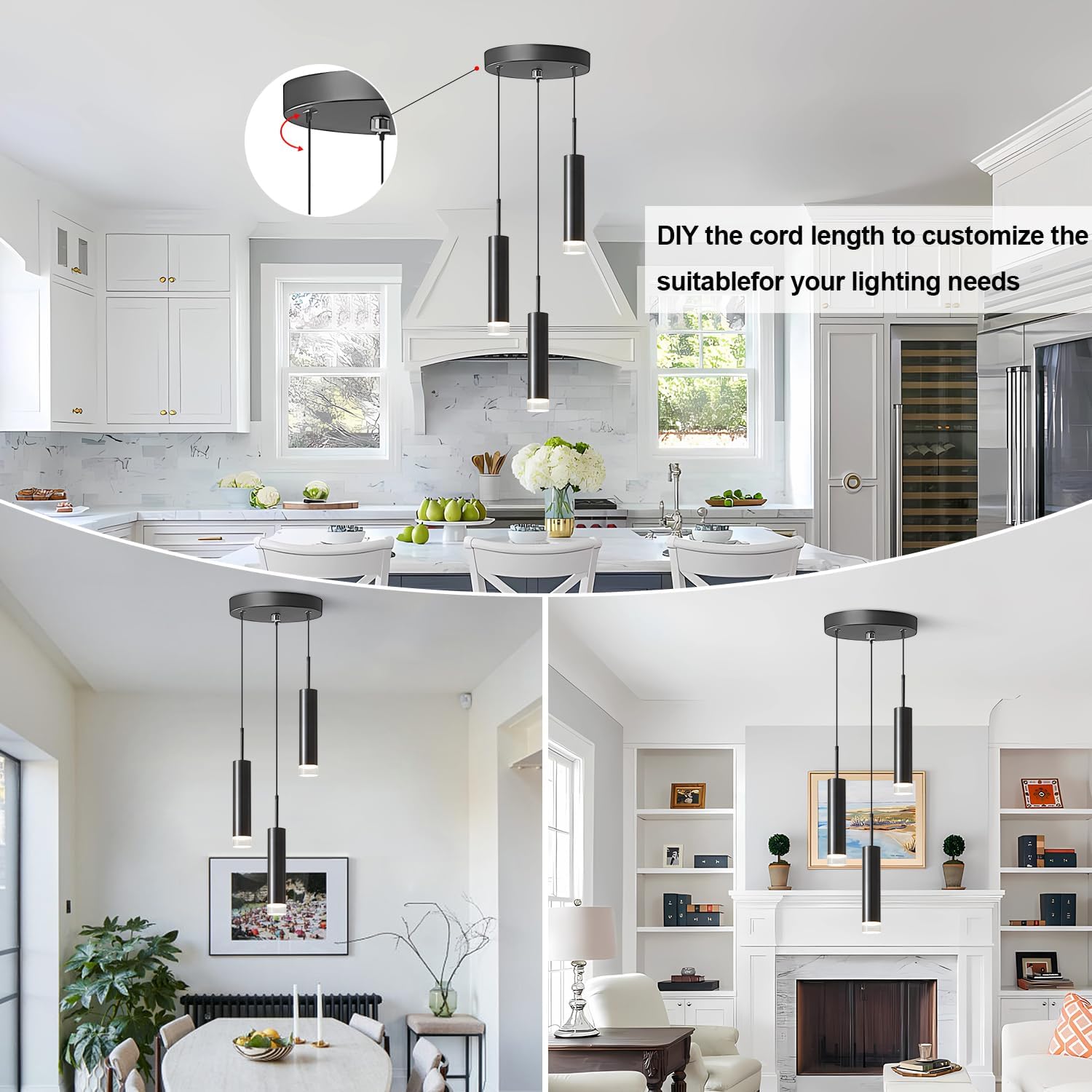 3-Light Black LED Pendant Light Modern Kitchen Island Light Fixture Adjustable Hanging Light Fixtures Contemporary Modern Mini Pendant Lights for Dining Room Kitchen Bathroom Hallway (3 Light)