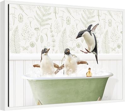 Kate and Laurel Penguins in Fern Bath Framed Canvas Wall Art by Amy Peterson 24 x 18 Sylvie White, Whimsical, Animals, Bathroom, Nature, Humor, Kids Art for Wall Decor, Living Room, Bedroom