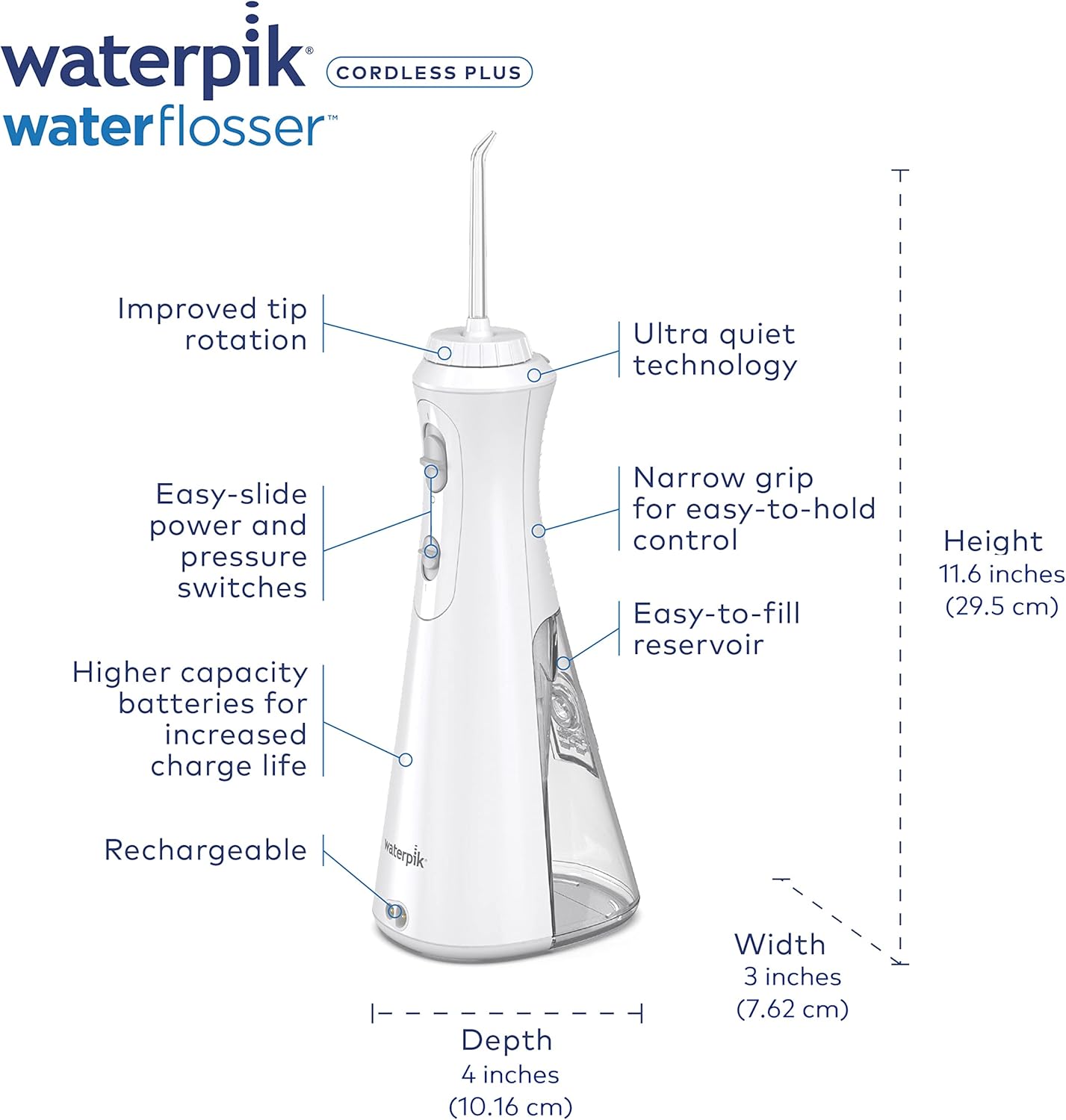 Waterpik Cordless Plus Water Flosser with 4 Flossing Tips, Rechargeable and Portable for Travel and Home, ADA Accepted, White WP-450