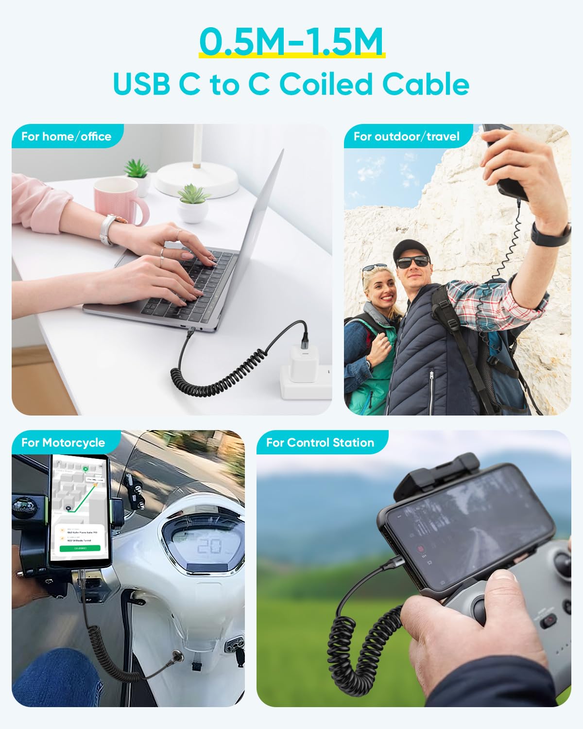 SUNGUY Cavo USB Type-C Spirale, 【0.5M-1.5M】 60W Cavo USB C Ricarica Rapida per Android Auto, iPhone 16/15 Pro Max Plus, Galaxy S24/ S23, Google Pixel, iPad Pro, MacBook Pro