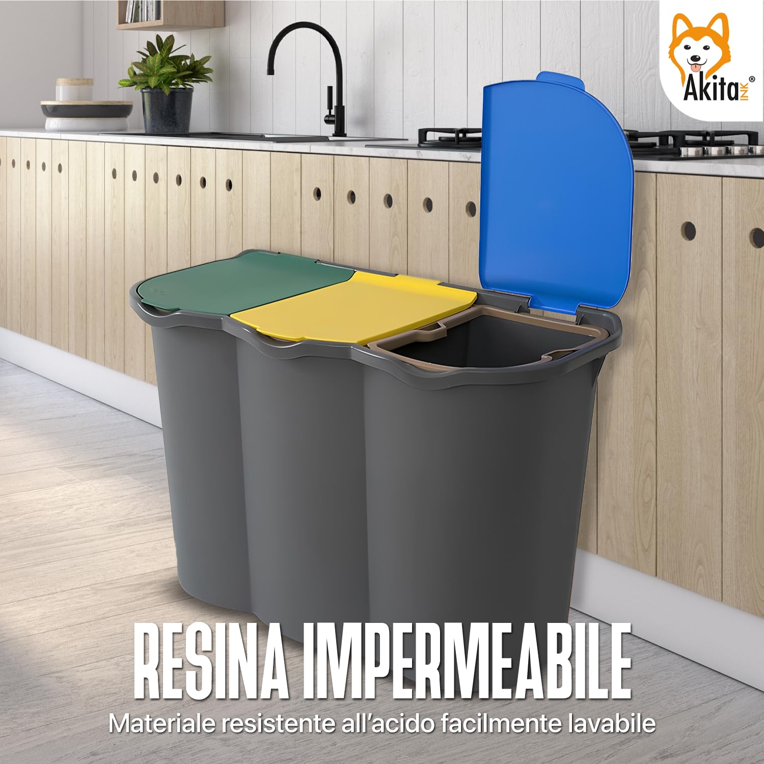 AKITAInk - Pattumiera per Raccolta Differenziata a 3 Scomparti, 80L AkitaOne - Bidone con Coperchi Colorati e Chiusura Ermetica per una Raccolta Intelligente e Igienica - Prodotto in Italia